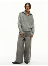 13Oz Sun-Washed Gray Distressed Wide-Leg Jeans