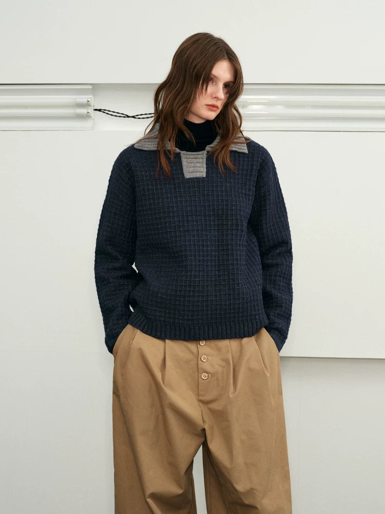 Color Block Collar Waffle Knit Sweater
