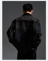 Washed Distressed Patchwork Denim Shirt Jacket