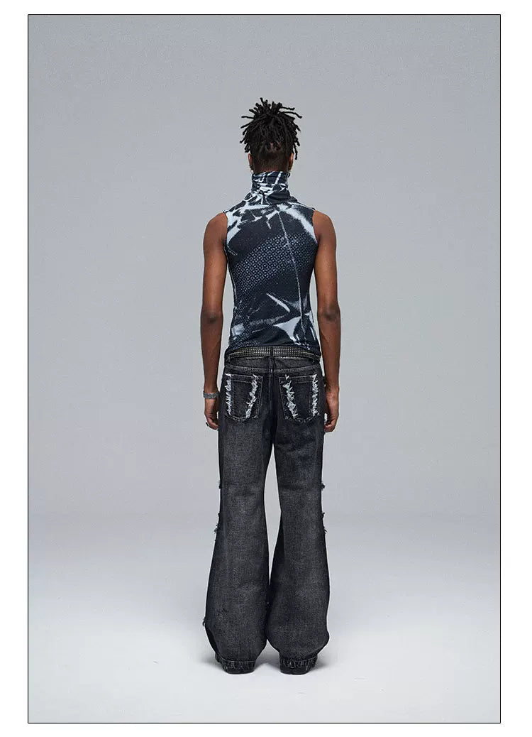 Fringed Ripped Washed Straight Jeans