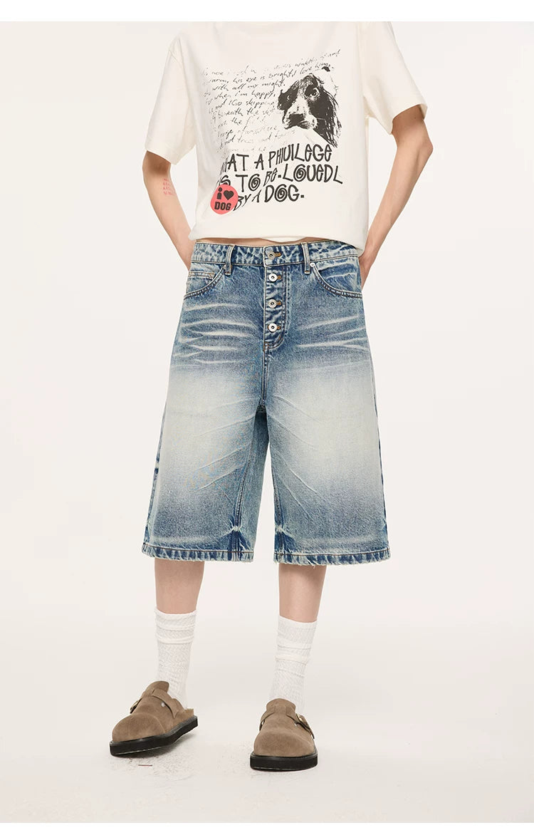 Whisker Wash Button Denim Shorts