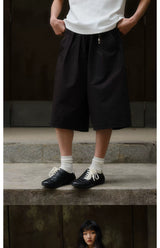 Solid Pleated Drawstring Casual Shorts