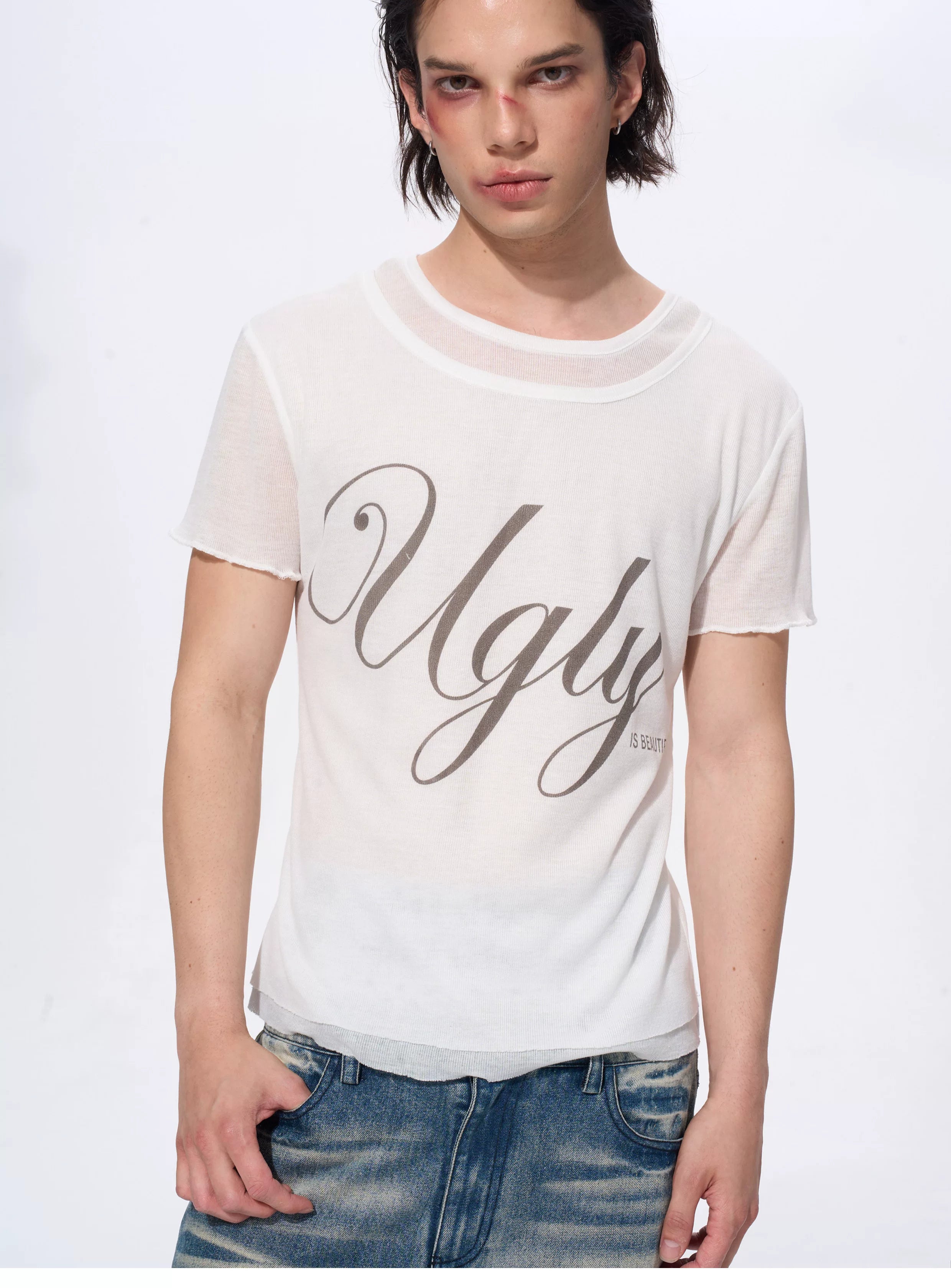 White Men's Twofer Letter Print Tee
