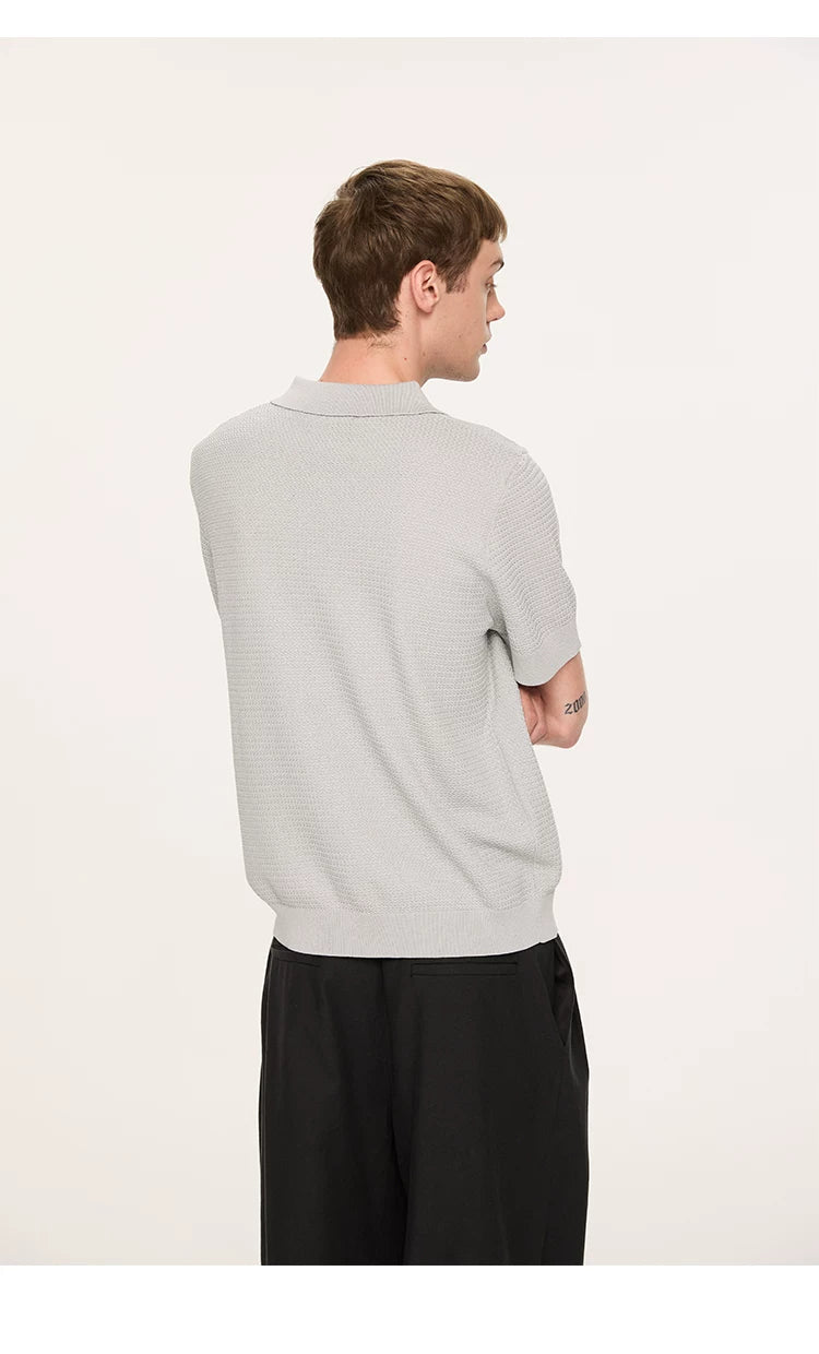 Wheat Jacquard V-Neck Knit Polo Tee