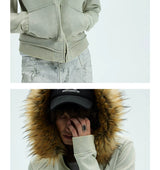 Washed Detachable Fur Zip Hoodie