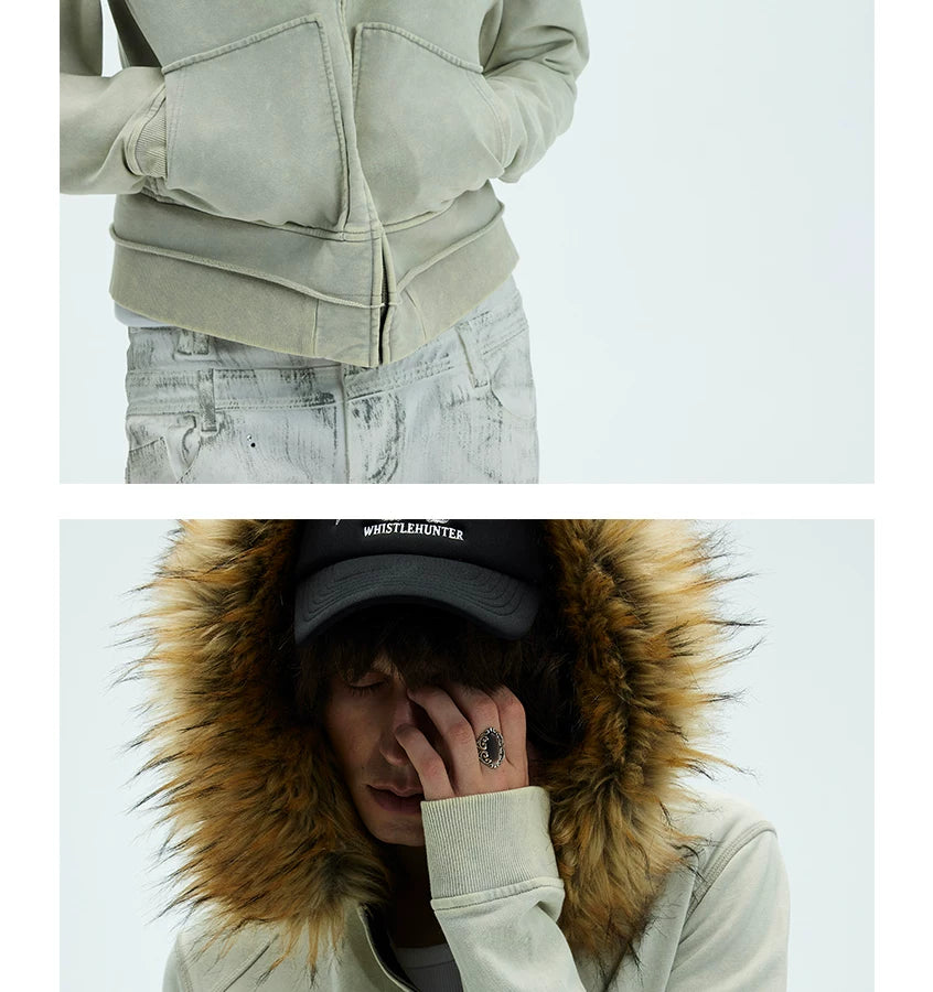 Washed Detachable Fur Zip Hoodie
