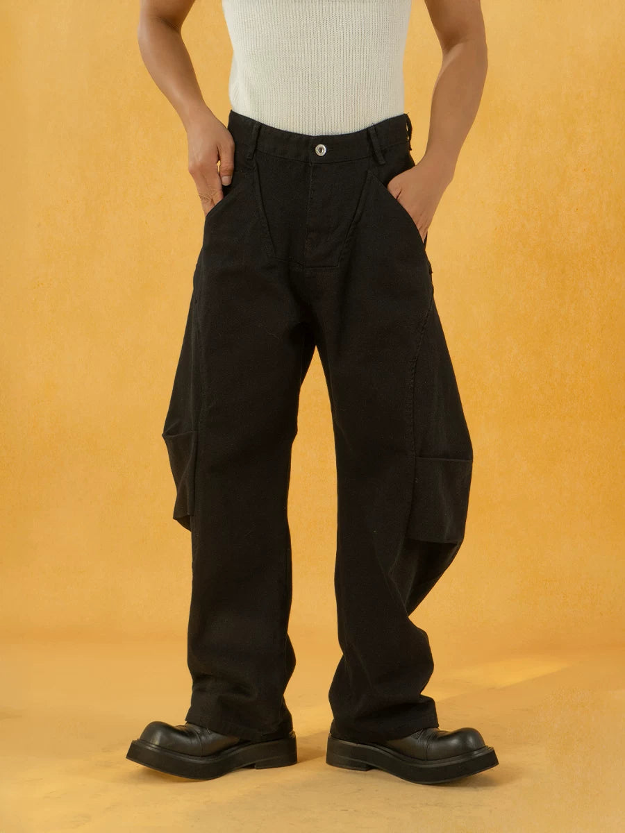 Men's Black Patchwork Wide Curved Jeans