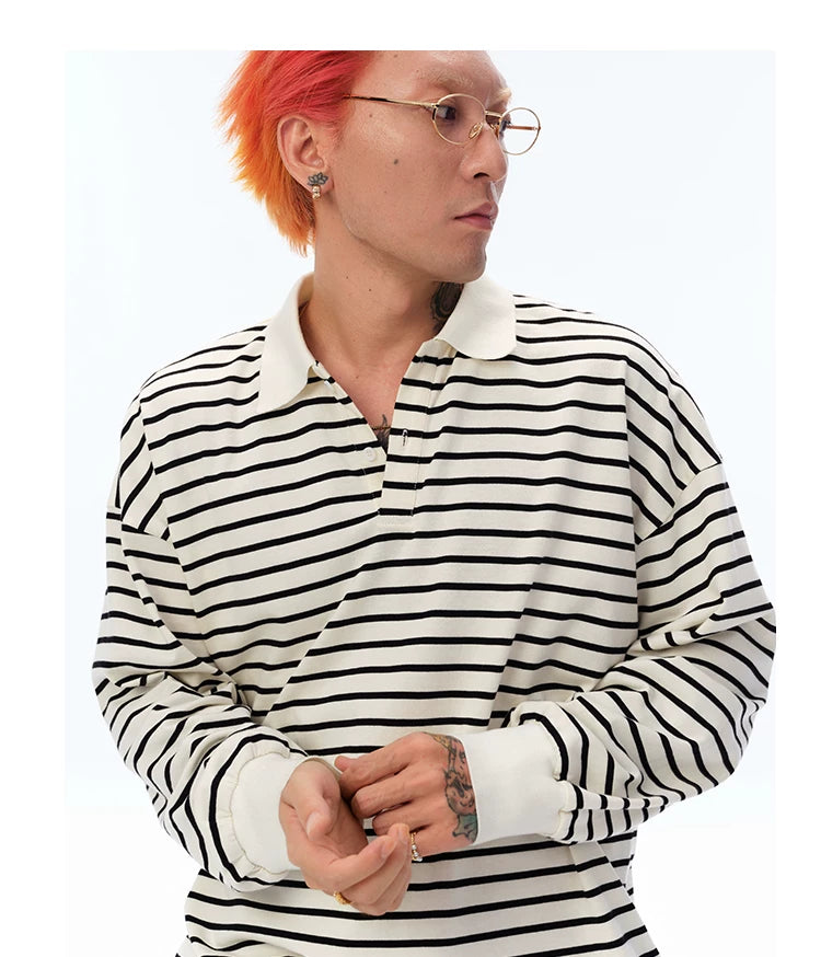 Men's Long Sleeve Striped Cotton Polo
