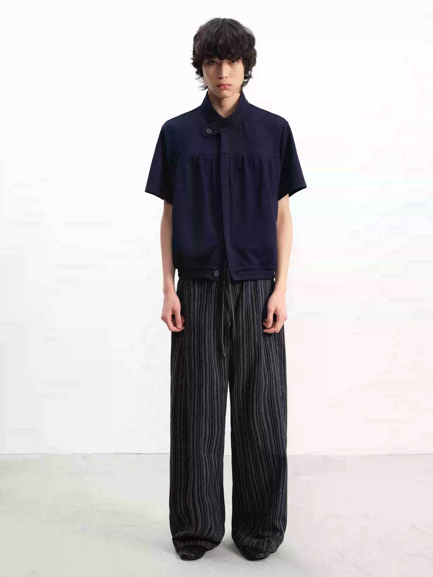 Navy Blue Pleated Short Sleeve Shirt