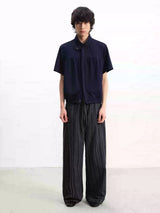 Navy Blue Pleated Short Sleeve Shirt
