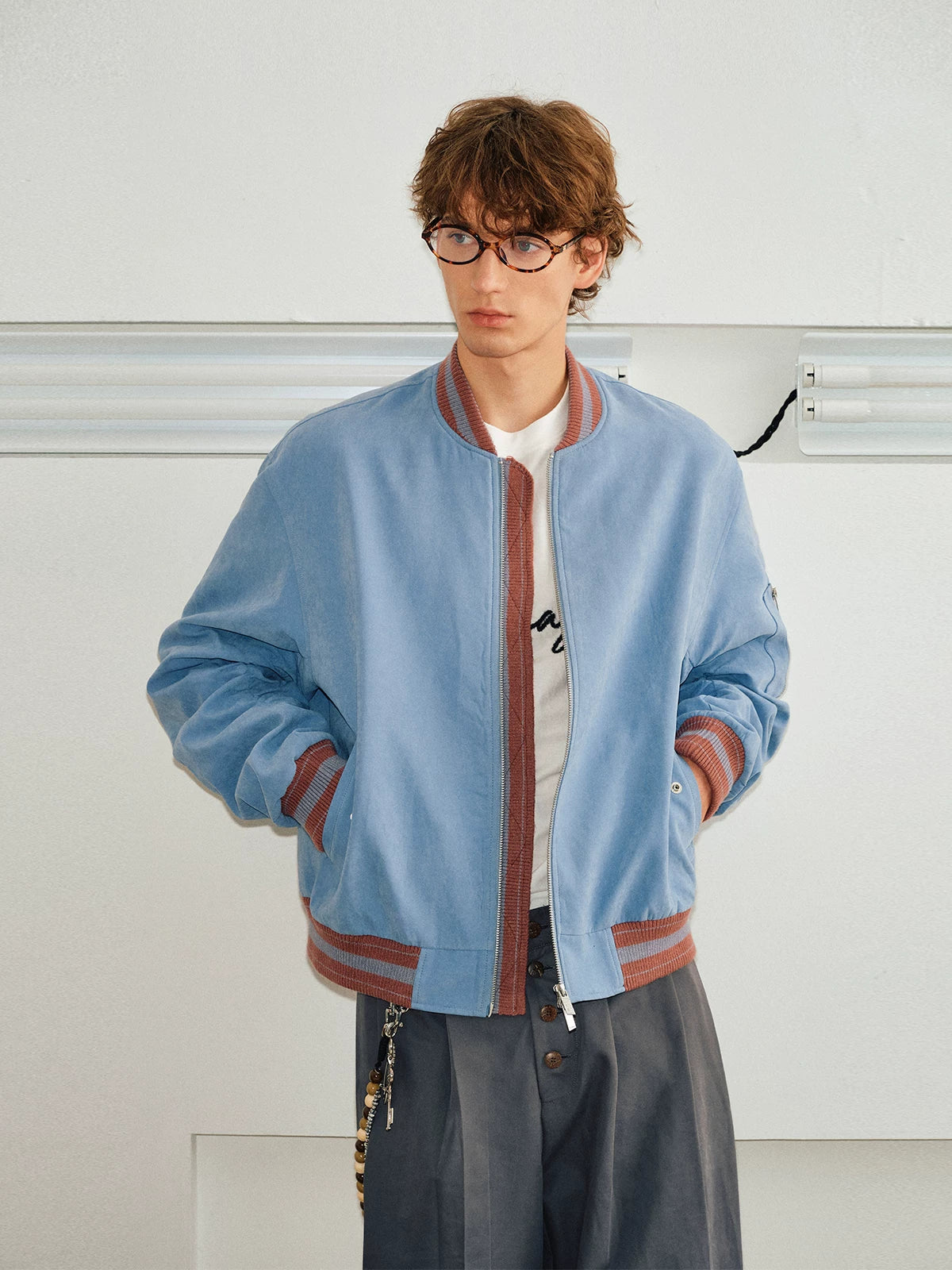 Men's Loose Color Block Bomber Jacket