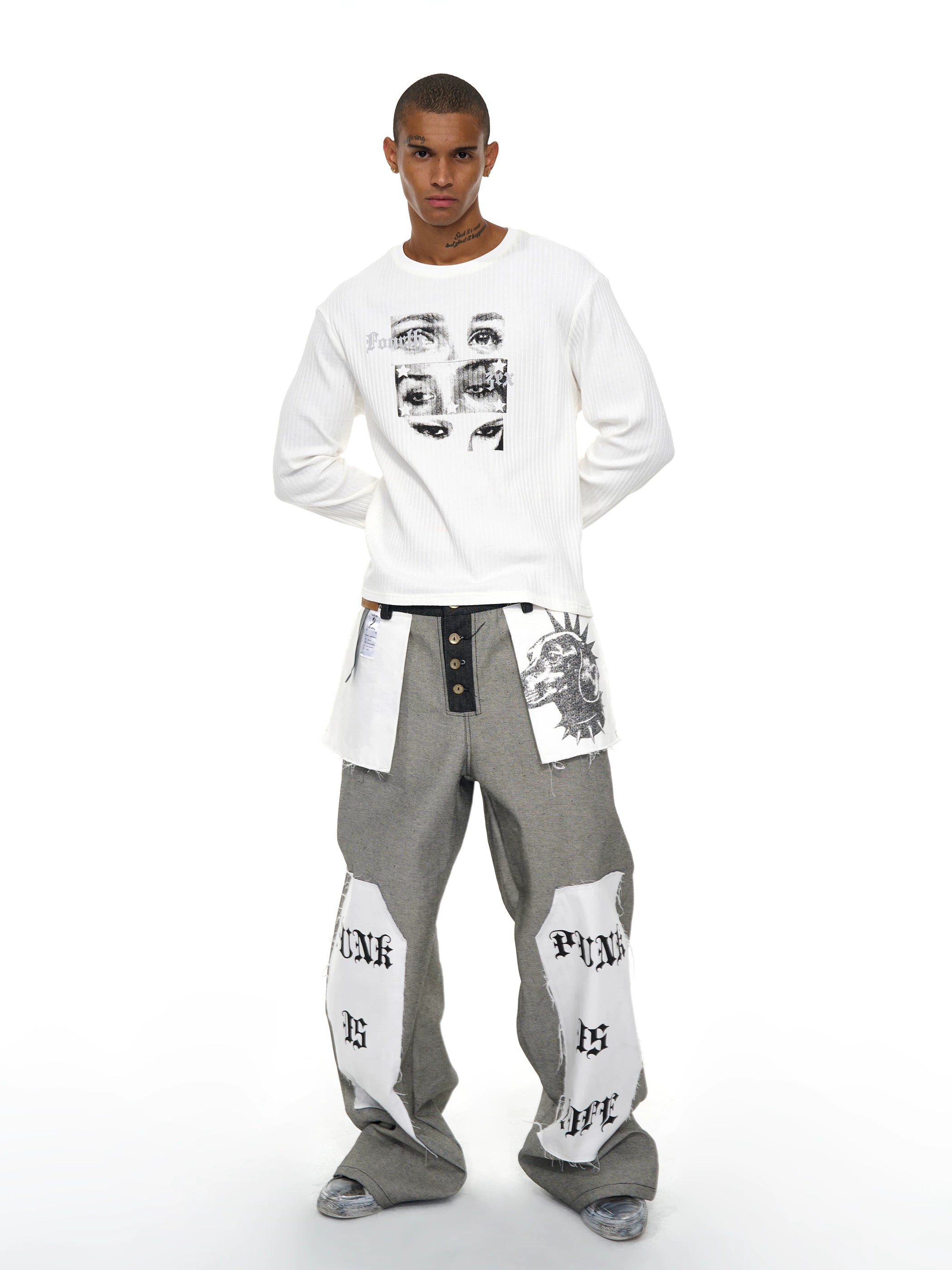 Men's White Eye Print Knit Sweatshirt