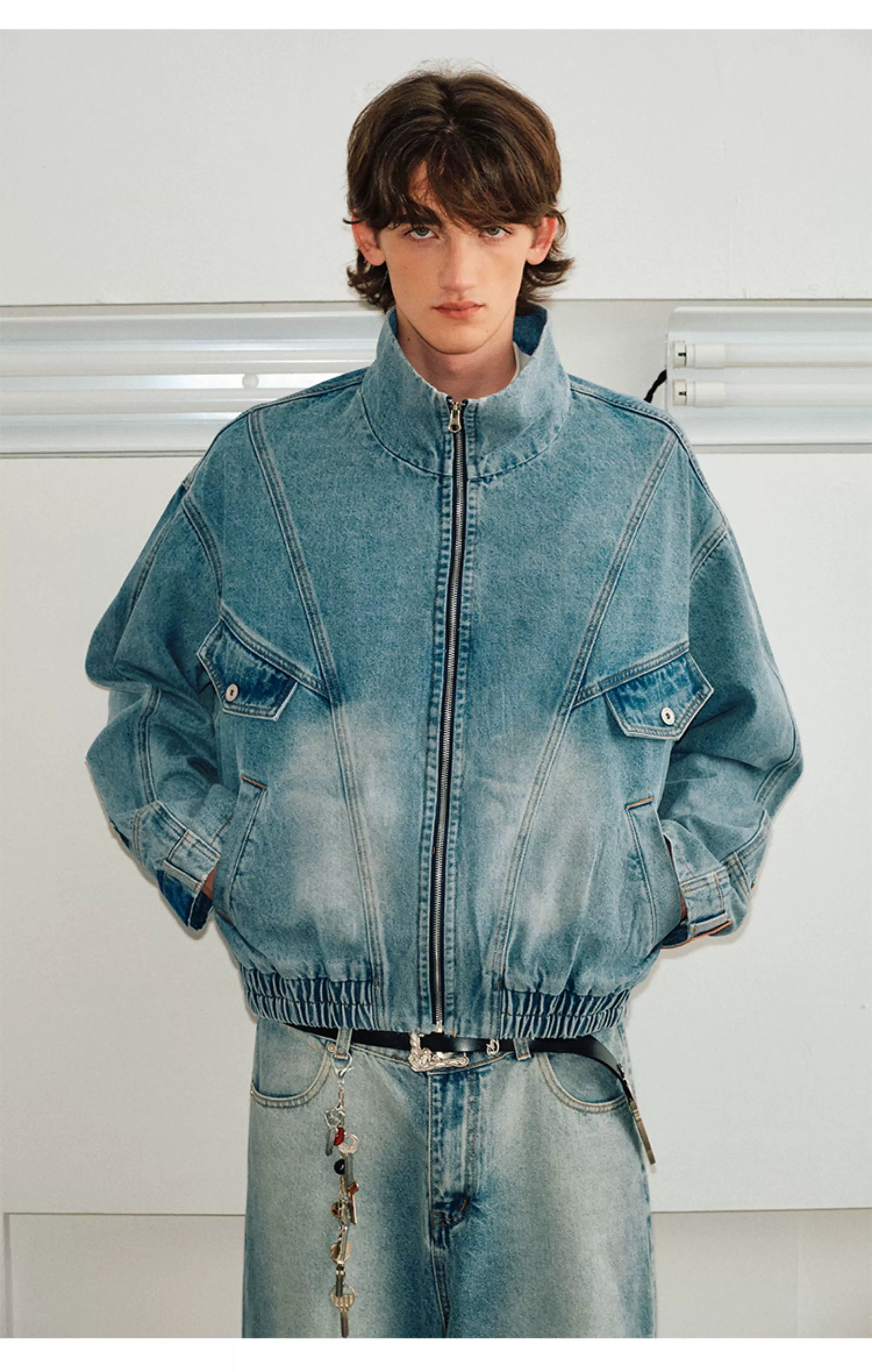 Men's Washed Denim Stand Collar Jacket