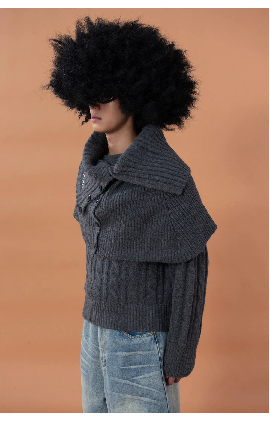 Unisex Detachable Grey Knit Cardigan Scarf