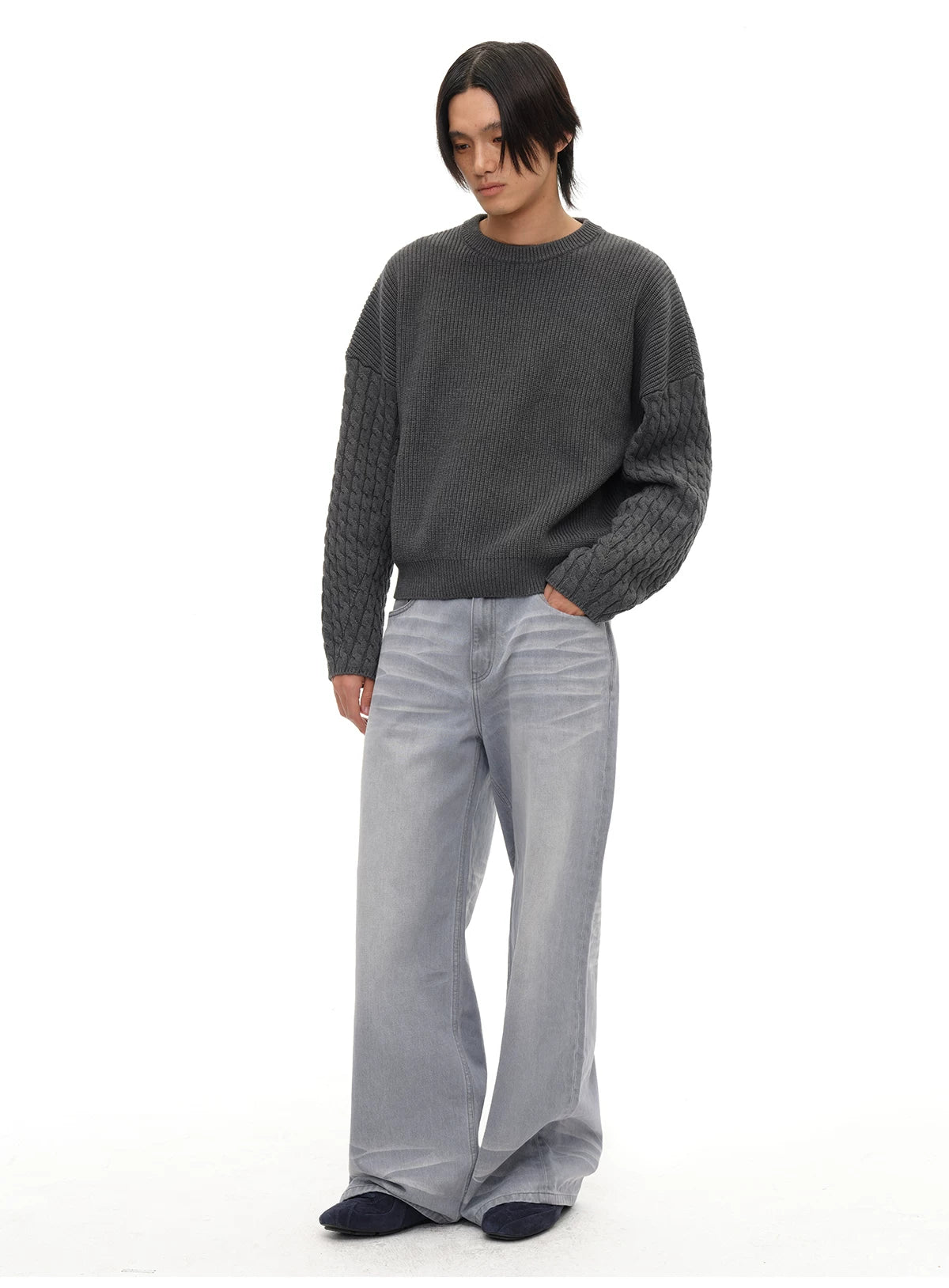 Cable Knit Cotton Drop Shoulder Sweater