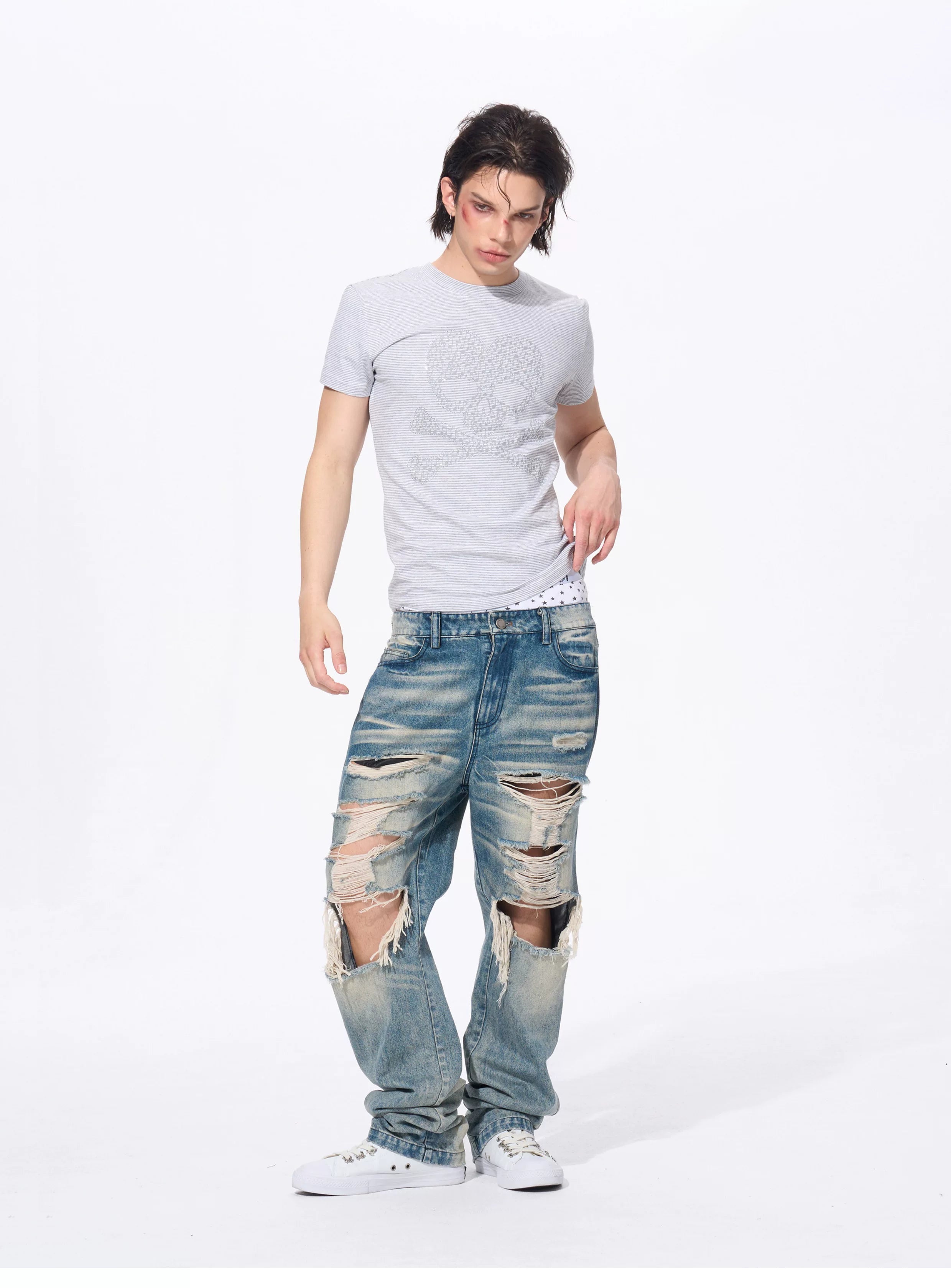 Men’s Rhinestone Skull Striped Tees