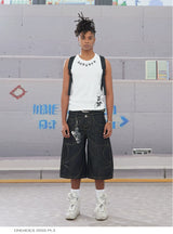 Bat Embroidered Double Waist Denim Shorts