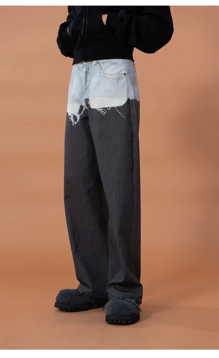 Men's Gray Colorblock Striped Printed Jeans