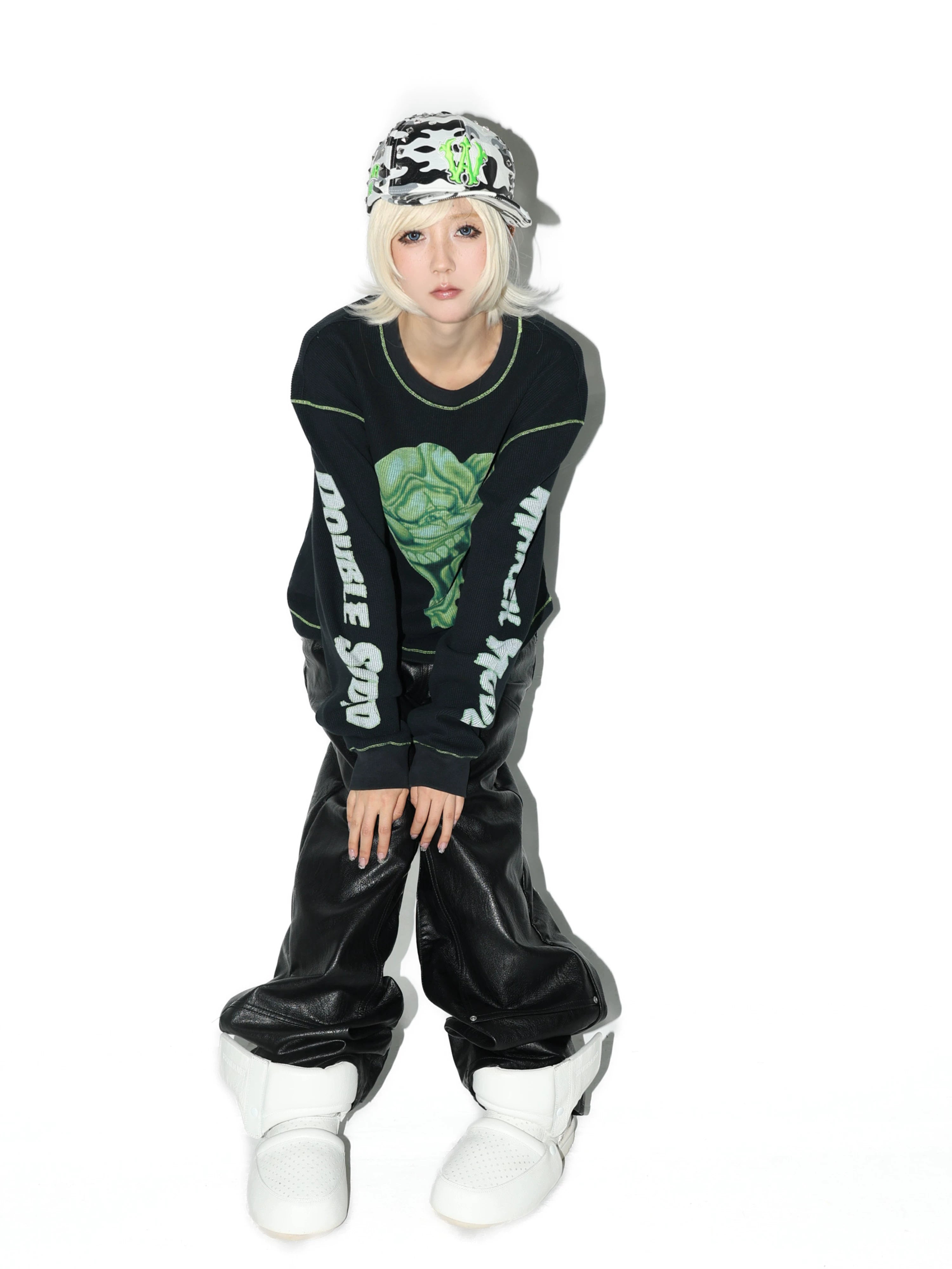 Black Green Printed Waffle Long-Sleeve Tee