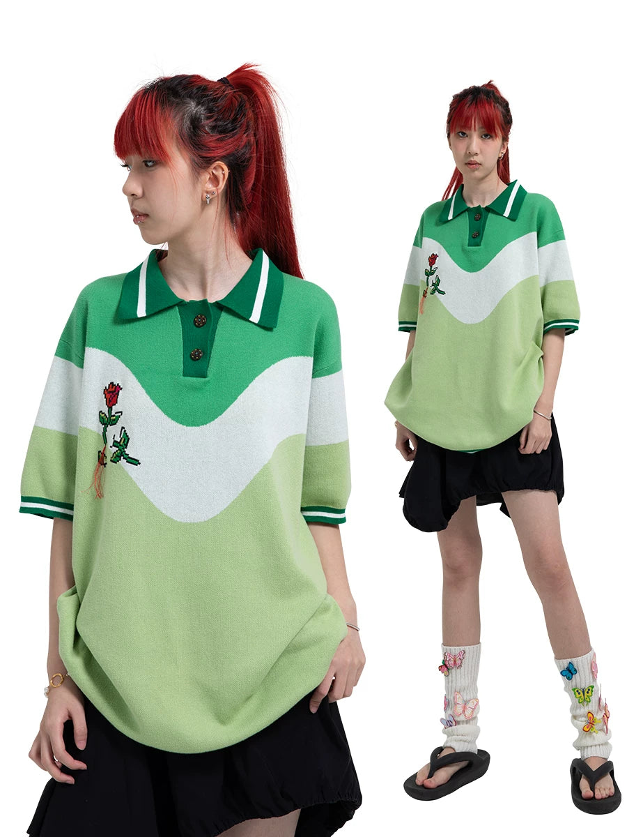 Y2K Women's Floral-Embroidered Knit Polo Shirt