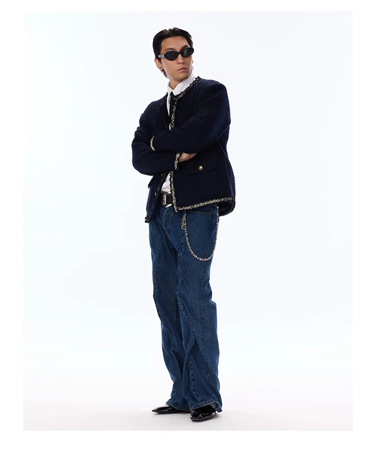 Wool Blend Navy Blue Tweed Coat