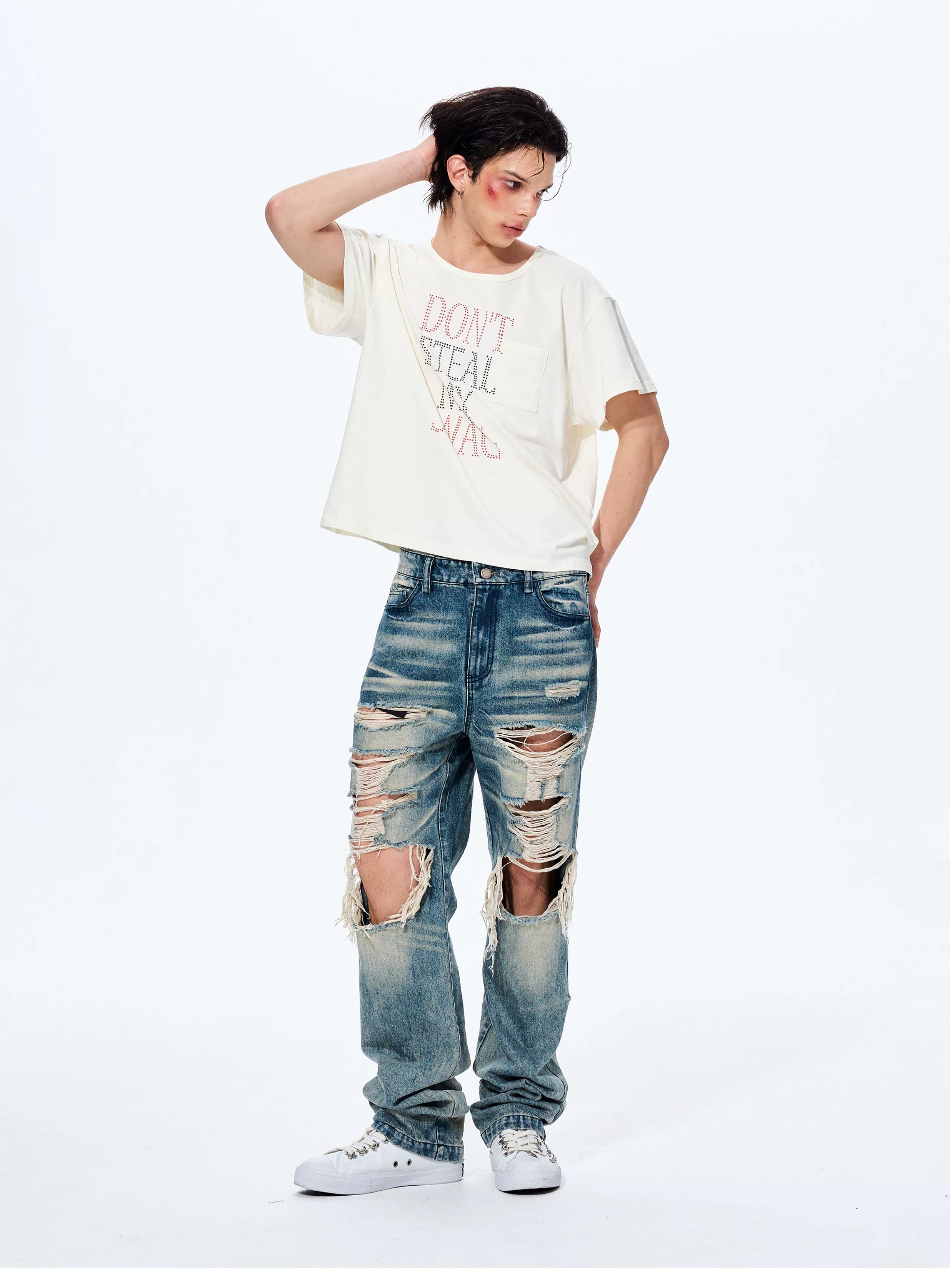 Men's Distressed Washed Straight Leg Jeans
