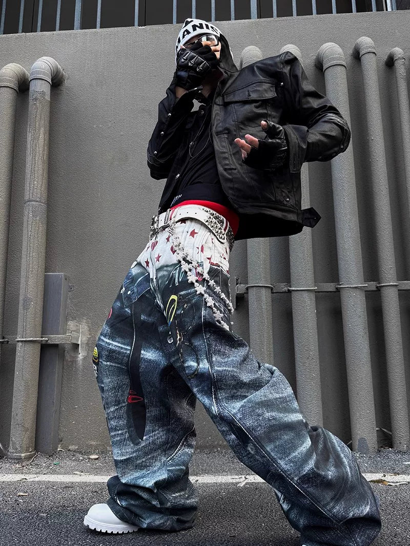Double Waistband 3D Printed Baggy Jeans