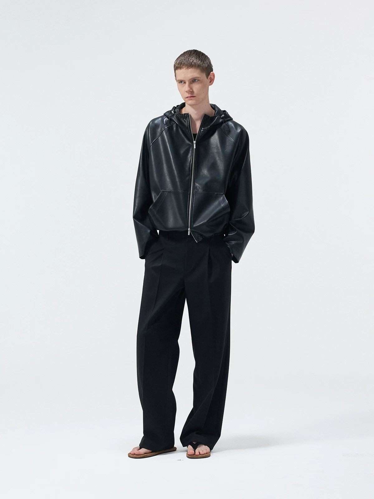 Cropped Lambskin PU Hooded Kangaroo Jacket