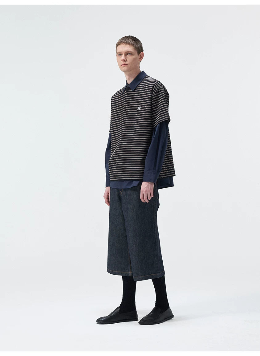 Short Sleeve Striped Embroidered Cotton Tee