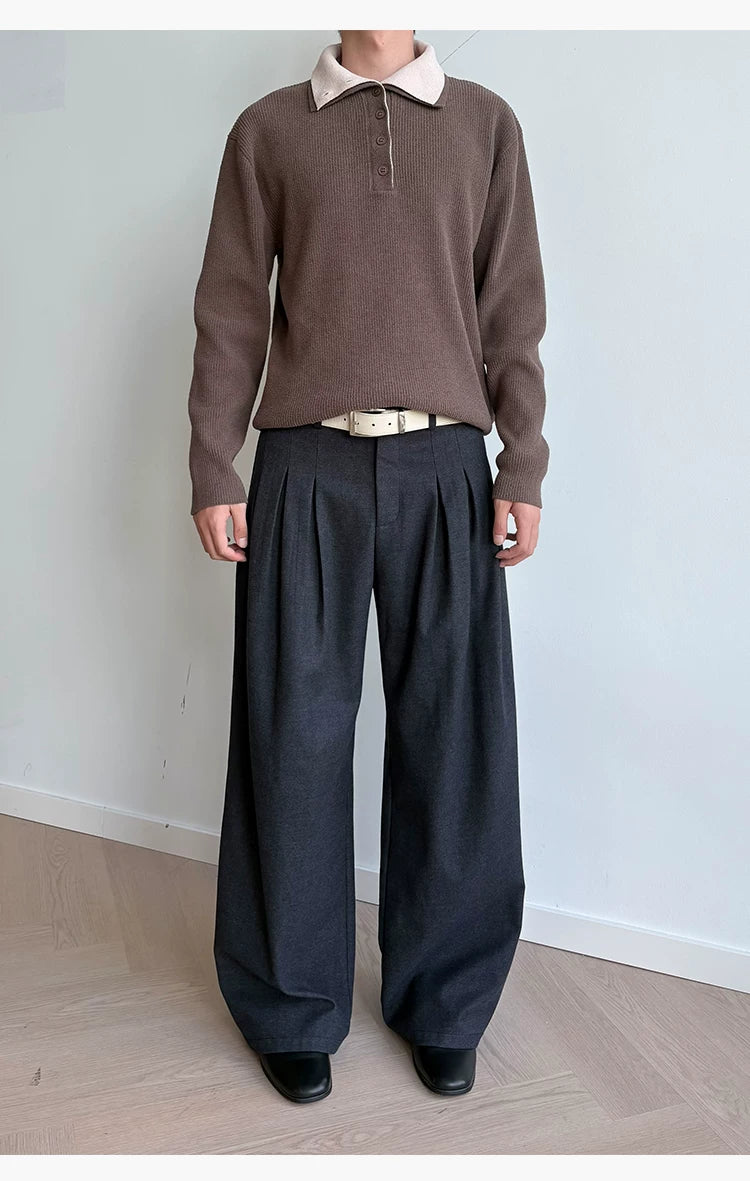 Brushed Velvet Pleated Loose Straight Pants