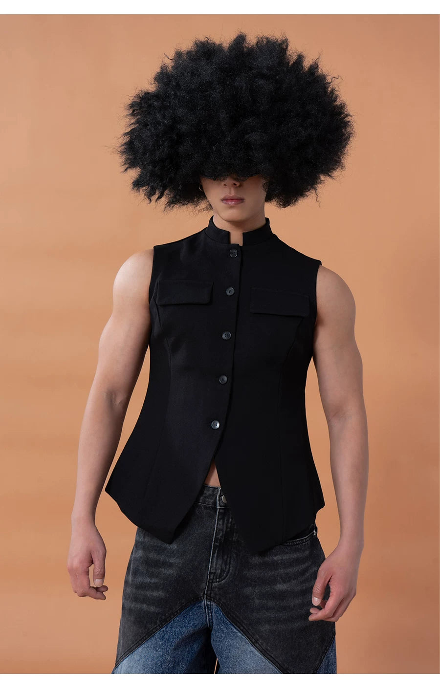 Black Slim Stand Collar Chinese Vest