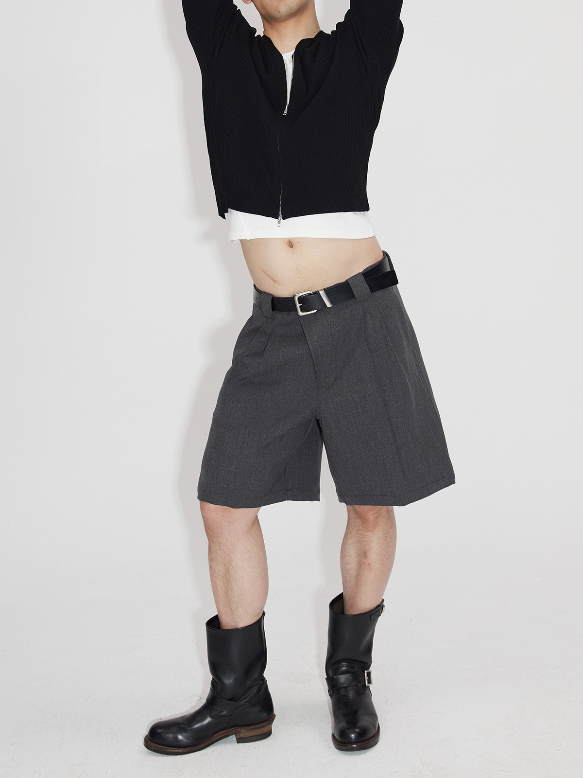 Asymmetric Placket Wool Feel Bermuda Shorts