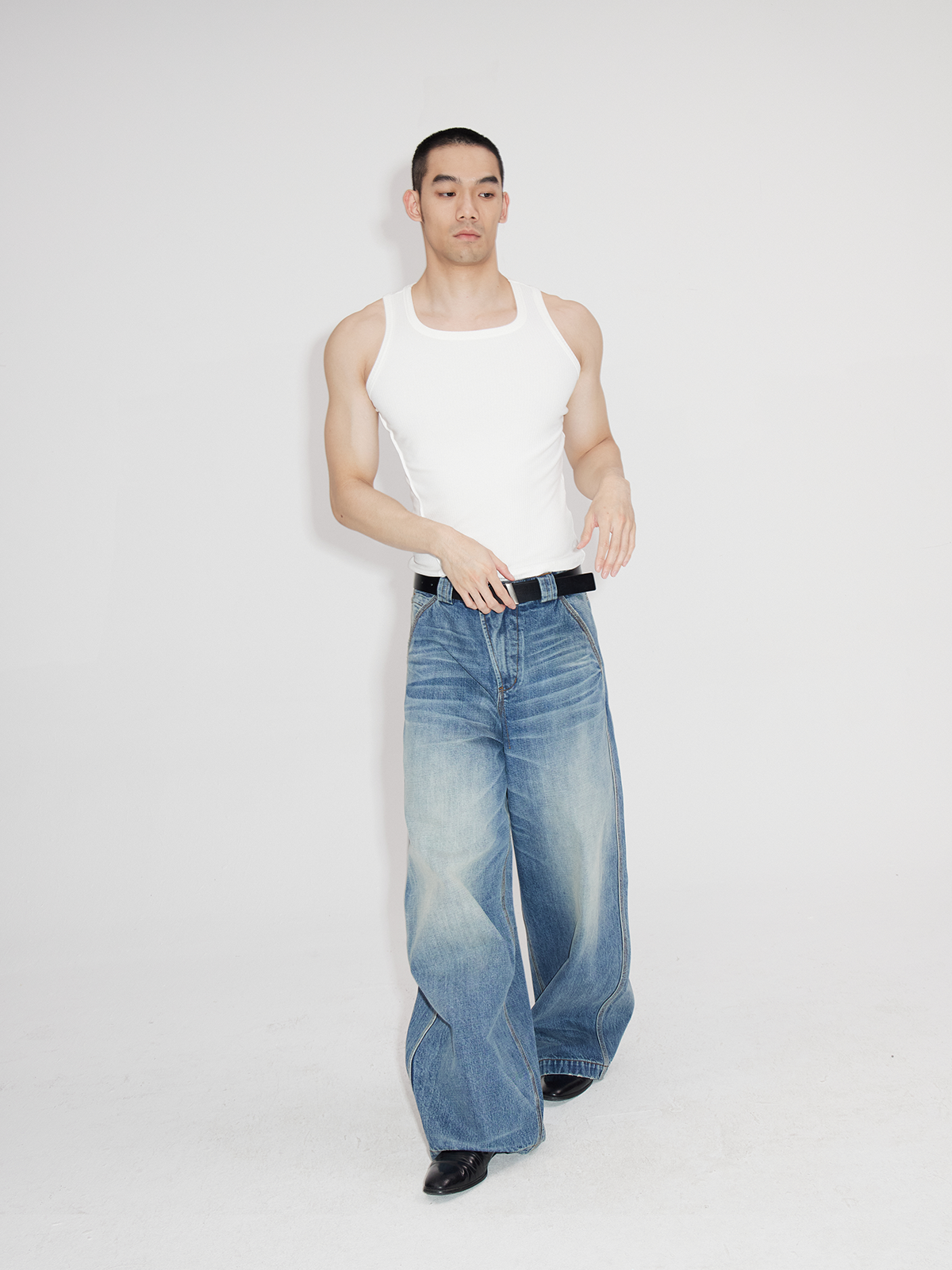 Heavyweight Natural Wash Asymmetrical Cargo Jeans