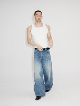 Heavyweight Natural Wash Asymmetrical Cargo Jeans