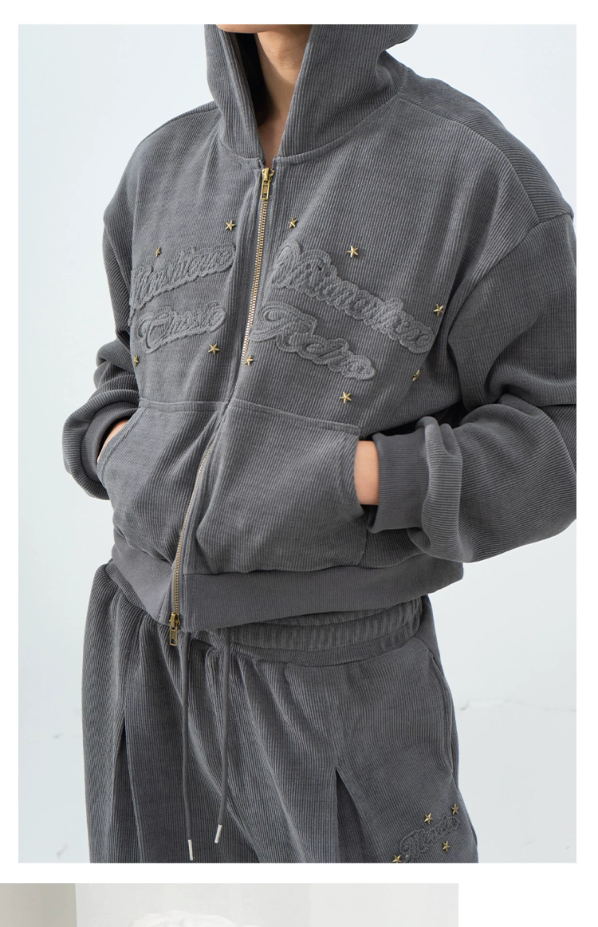 Gray Khaki Corduroy Embroidered Striped Zip-Hoodie