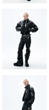 Cropped Glossy Pleated Leather Puffer Coat