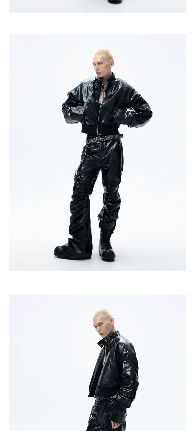 Cropped Glossy Pleated Leather Puffer Coat