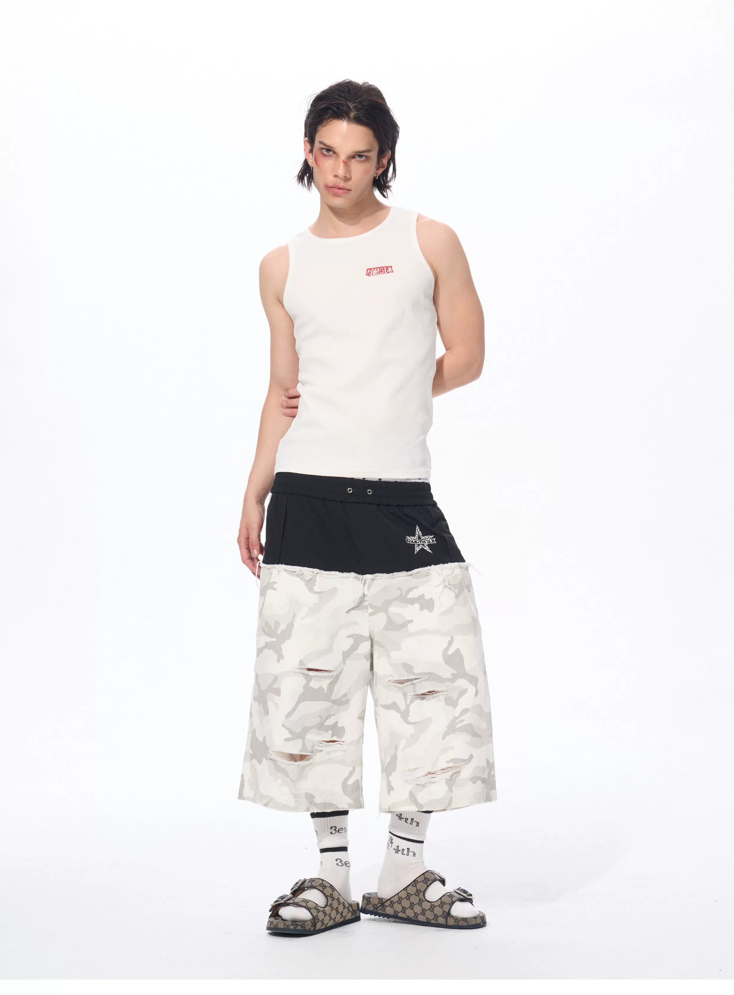Men's Patchwork Ripped White Camo Pants