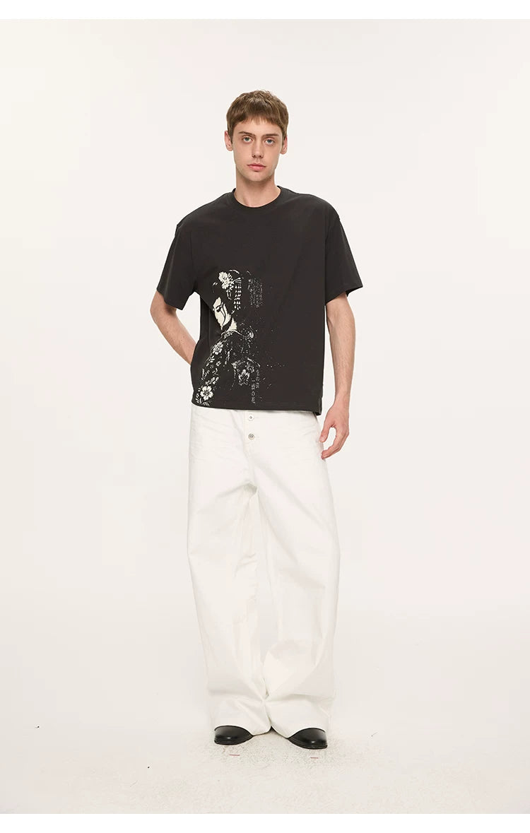 Geisha Print Casual Boxy Tee