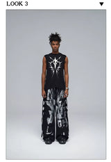 Stretchy Black Printed Ribbed Tank Top