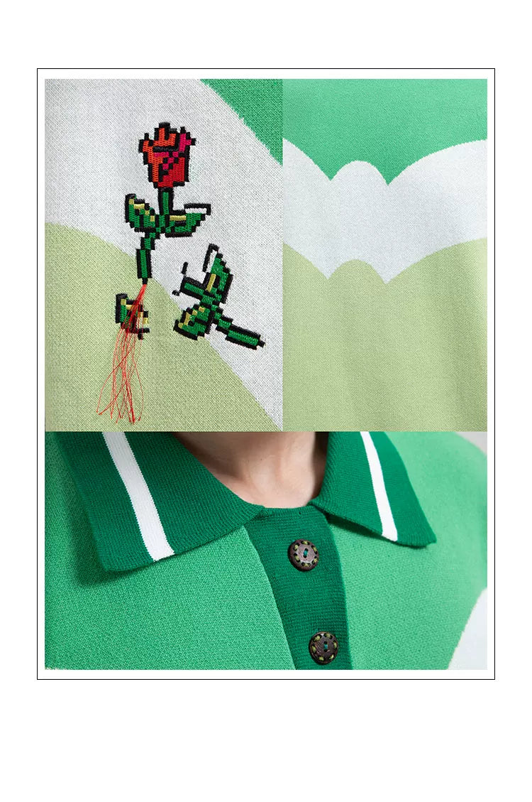 Y2K Women's Floral-Embroidered Knit Polo Shirt