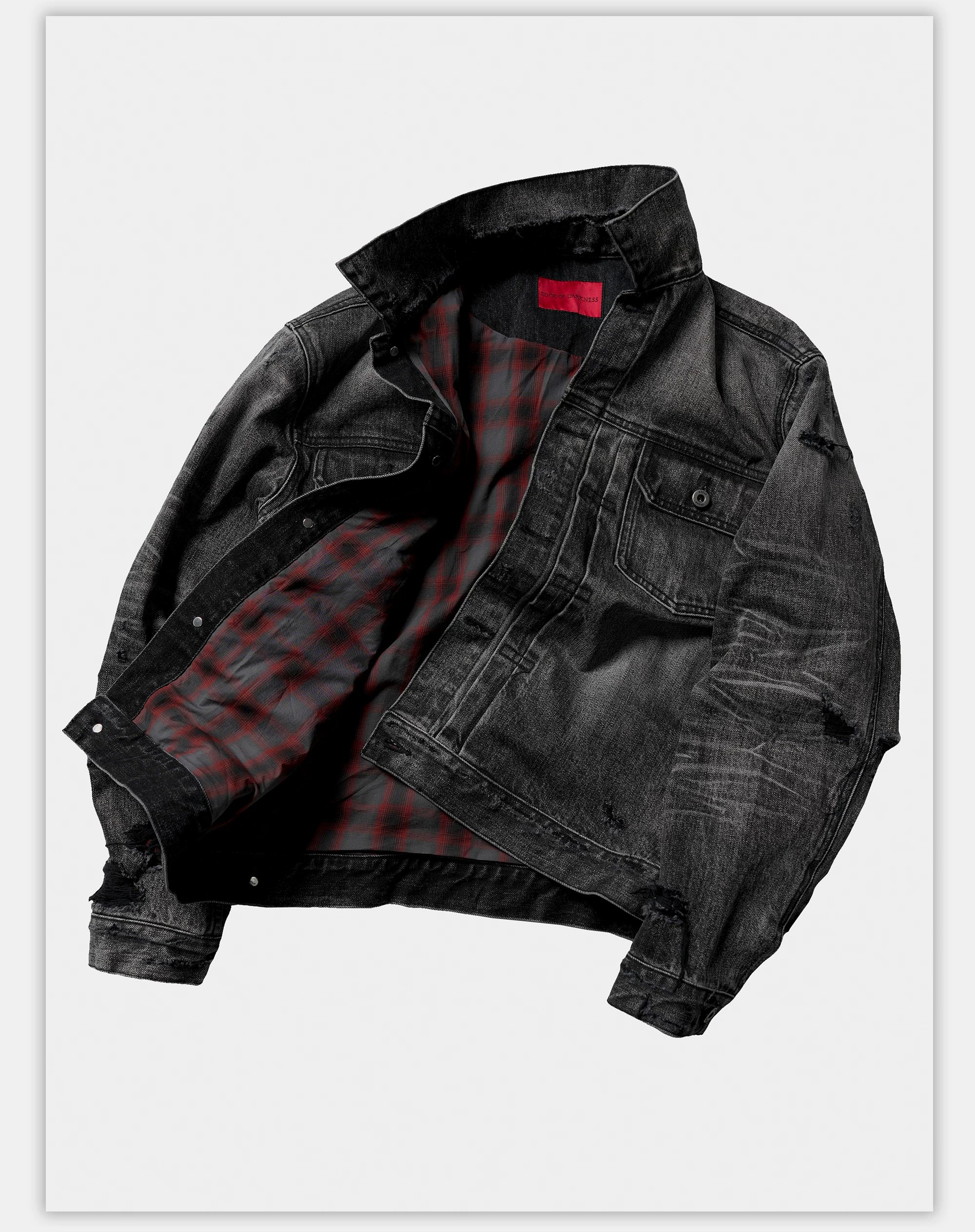 Washed Grey Plaid Lined Denim Jacket