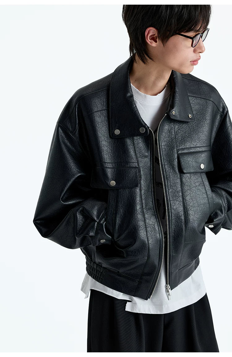 Vintage Faux Leather Multi-Pocket Cropped Jacket