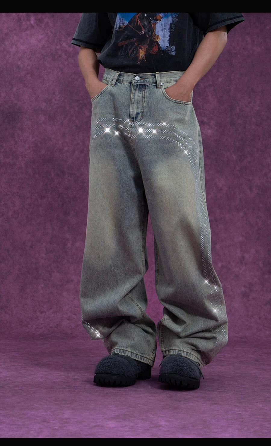 Men's Vintage Light Blue Sequined Jeans