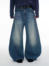 Pleated Distressed Wide Curved Jeans