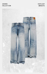 13oz Washed-Whiskered Cream Blue Straight Jeans