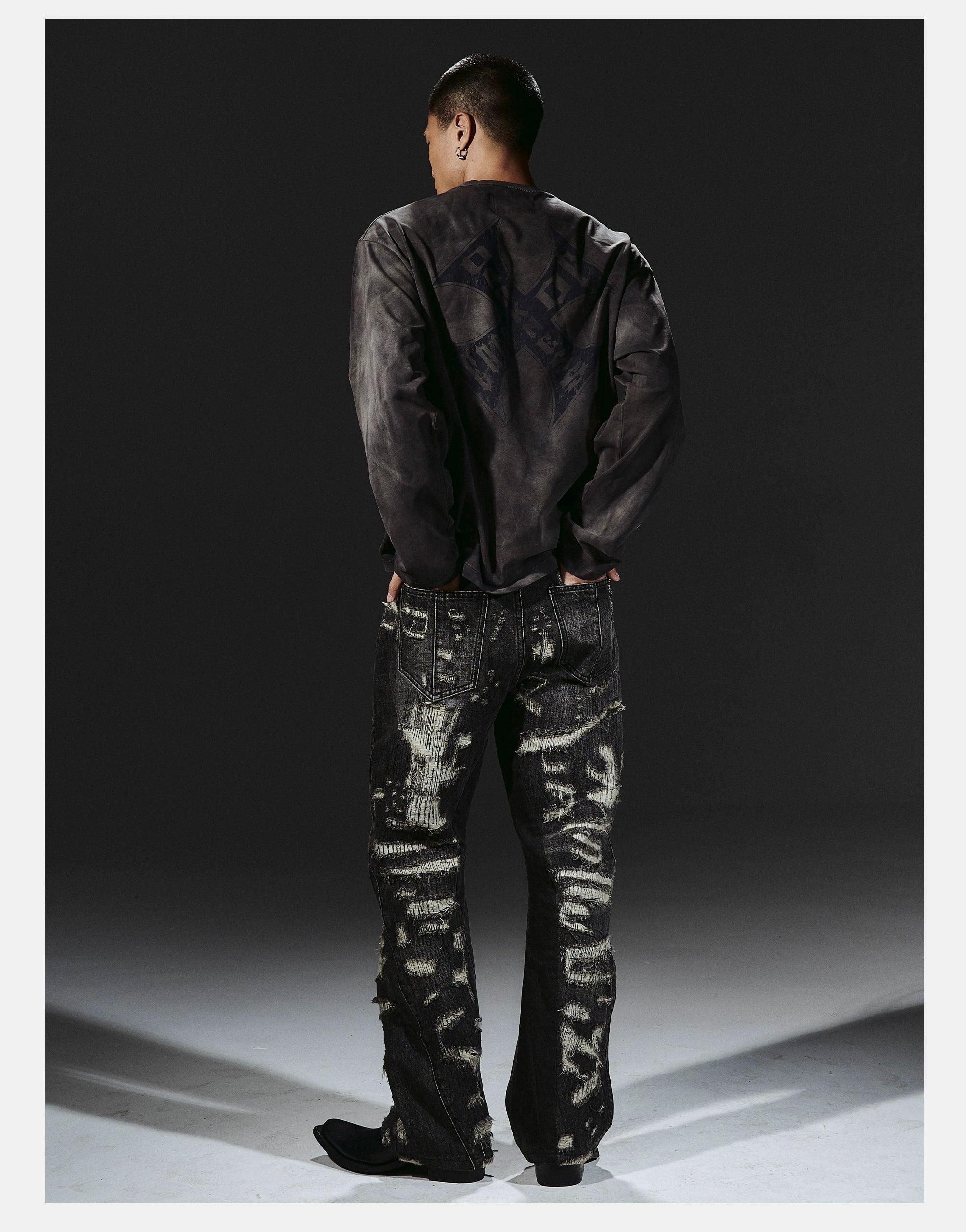 Heavyweight Distressed Embroidered Patchwork Flared Jeans