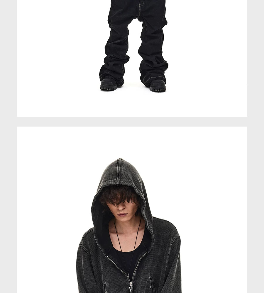 Distressed Waffle Riveted Zip-Up Hoodie