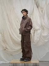 Washed Pleated Adjustable Strap Parachute Pants