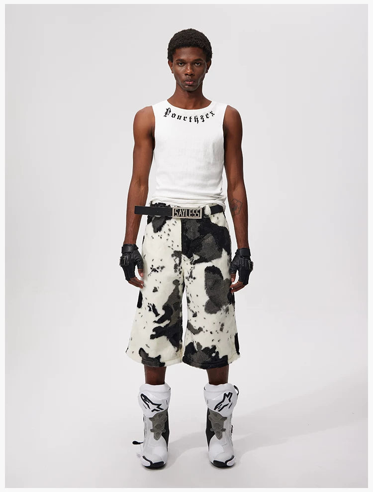 Cropped Cow Print Faux Fur Shorts